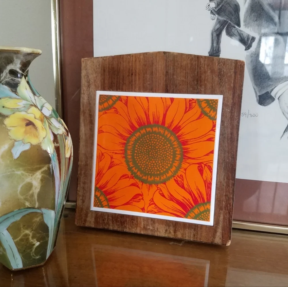 Orange Flower Ceramic and Wood Trivet - Picture 1 of 10
